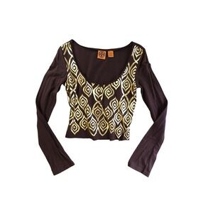 Vintage Y2K Tory Burch Crop Top Womens S Brown Gold Foil Henley Tee Forest Fairy